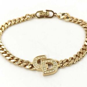Vintage Christian Dior Bracelet Gold Tone Chain CD Logo Rhinestone Authentic